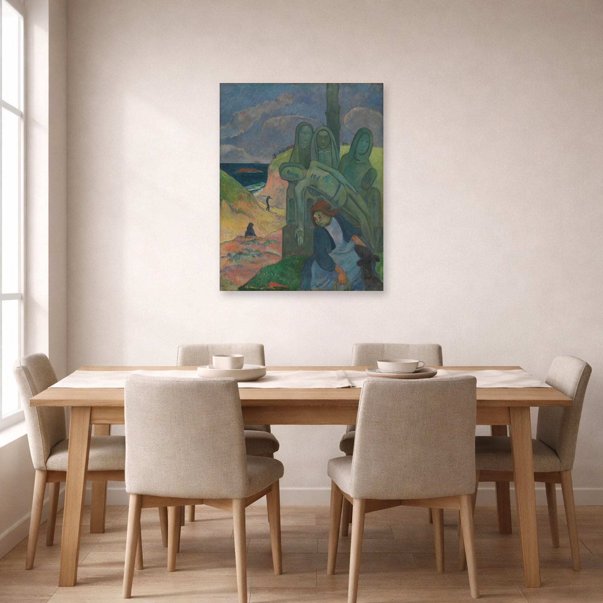 Unframed poster print of Paul Gauguin's The Green Christ displayed on a wall in a dining room
