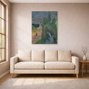 Unframed poster print of Paul Gauguin's The Green Christ displayed on a wall in a living room