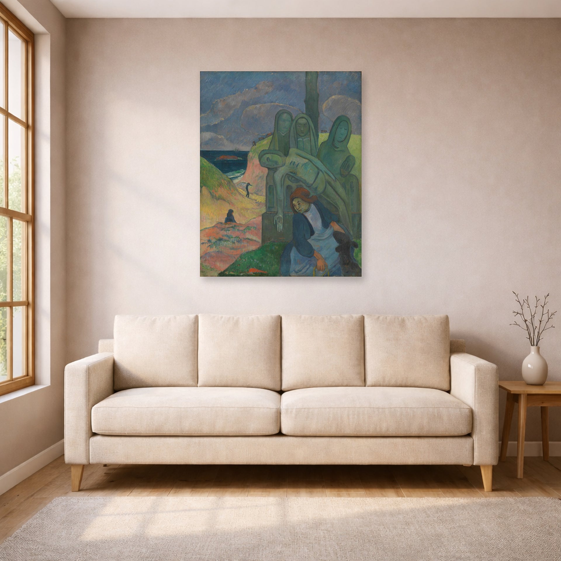 Unframed poster print of Paul Gauguin's The Green Christ displayed on a wall in a living room
