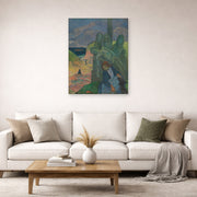 Unframed poster print of Paul Gauguin's The Green Christ displayed on a wall in a second living room setting