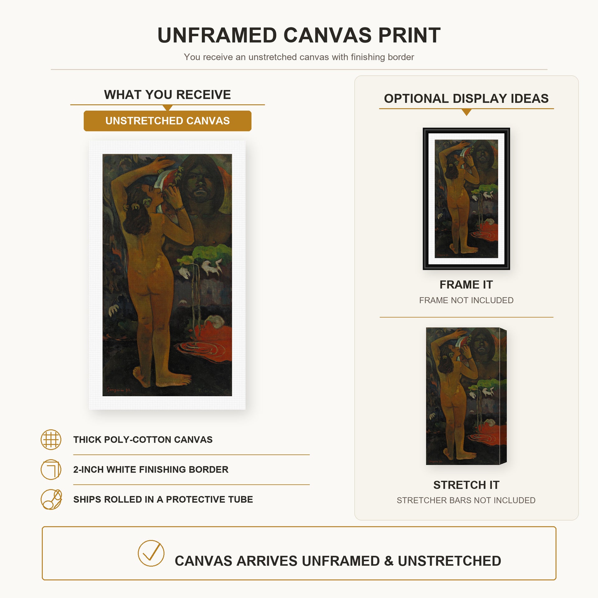 Paul Gauguin - The Moon and the Earth canvas print size comparison and framing display infographic