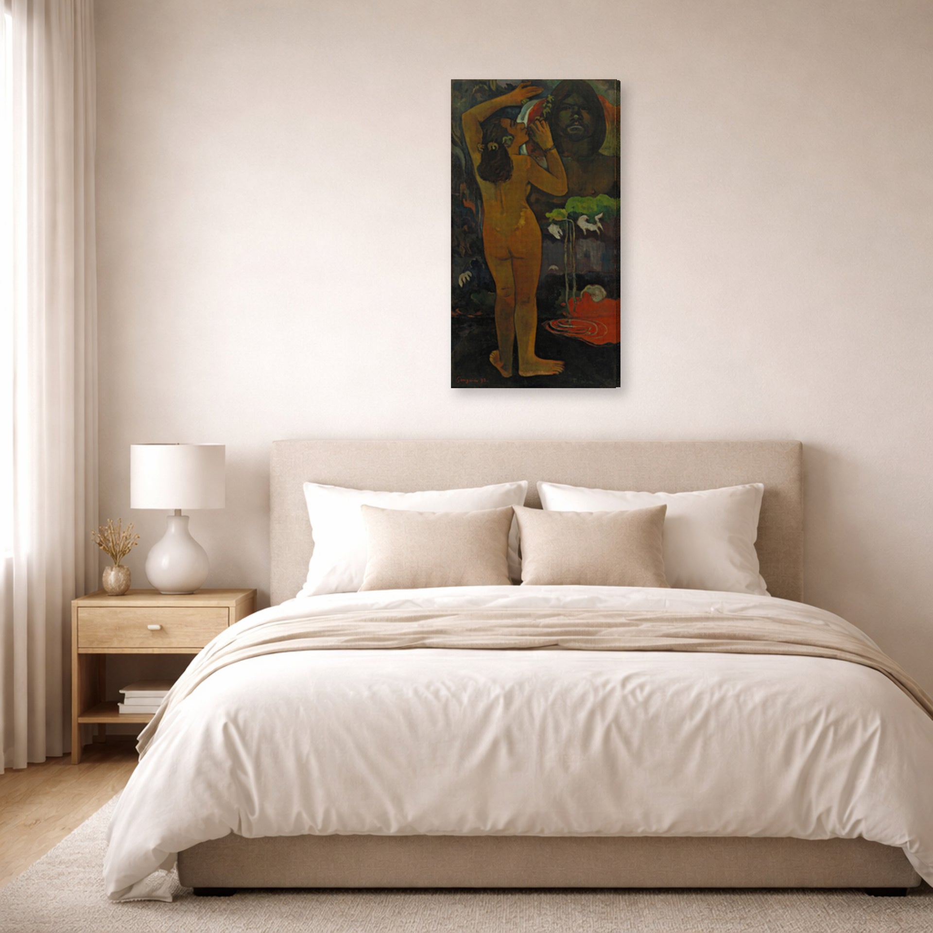 Gallery-wrapped canvas print of Paul Gauguin's The Moon and the Earth displayed on a wall in a bedroom