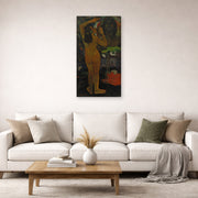 Gallery-wrapped canvas print of Paul Gauguin's The Moon and the Earth displayed on a wall in a second living room setting