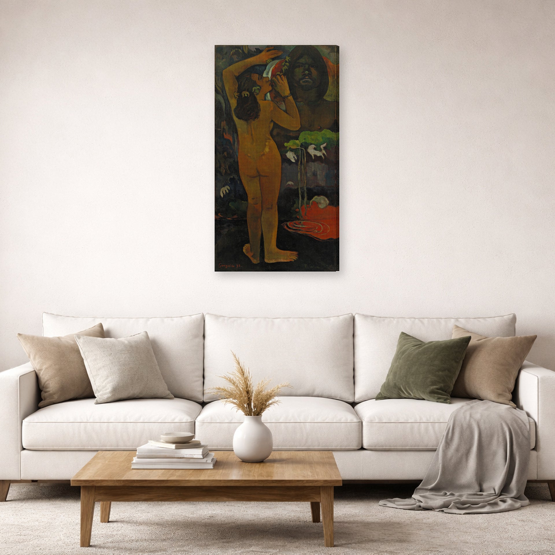 Gallery-wrapped canvas print of Paul Gauguin's The Moon and the Earth displayed on a wall in a second living room setting