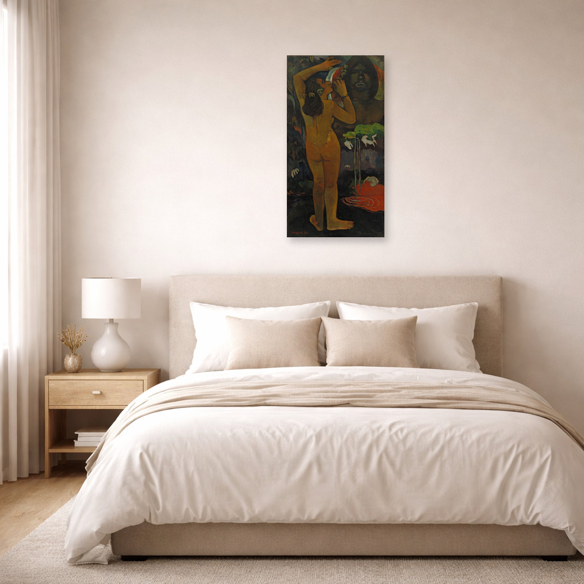 Unframed poster print of Paul Gauguin's The Moon and the Earth displayed on a wall in a bedroom