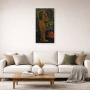 Unframed poster print of Paul Gauguin's The Moon and the Earth displayed on a wall in a second living room setting