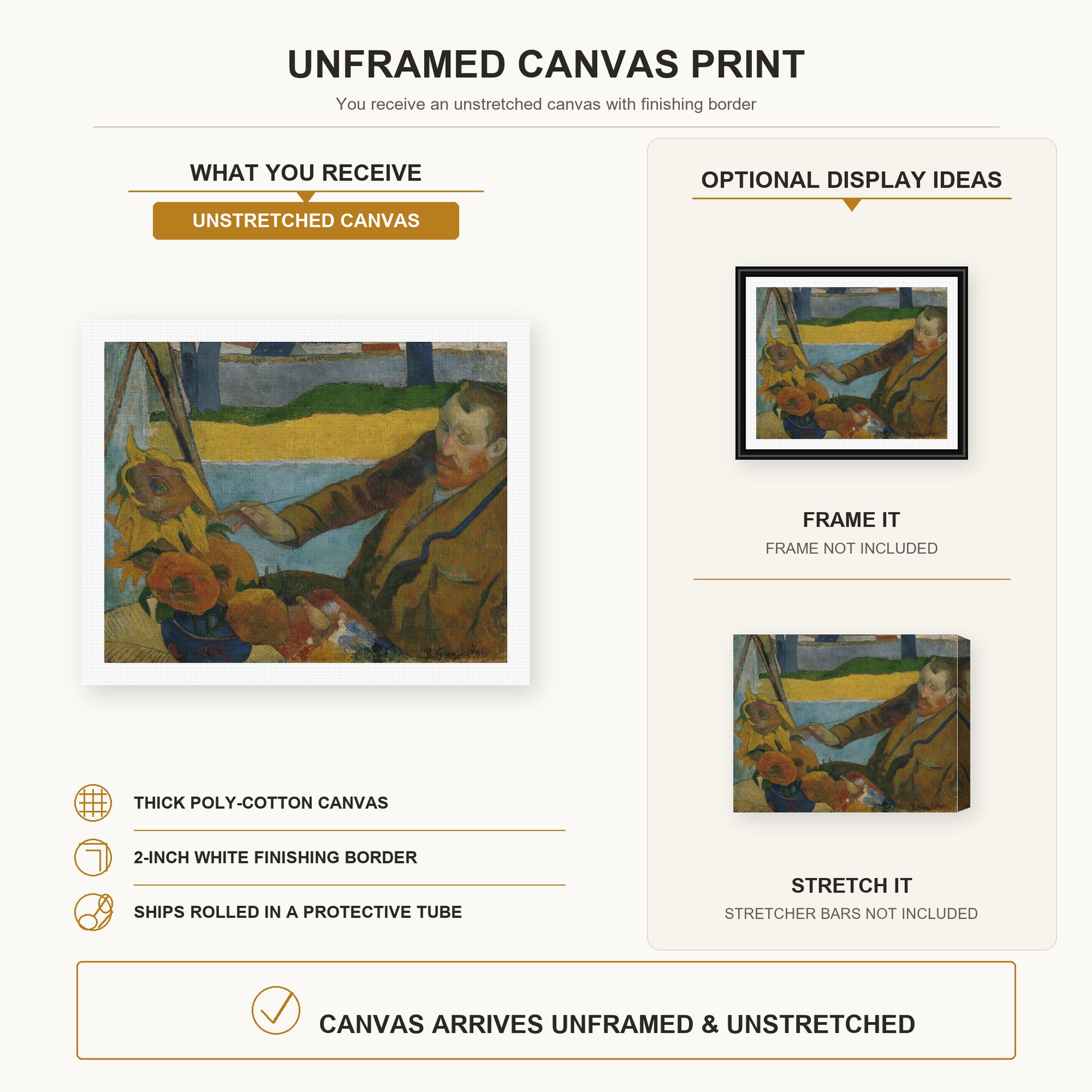Paul Gauguin - The Painter of Sunflowers canvas print size comparison and framing display infographic