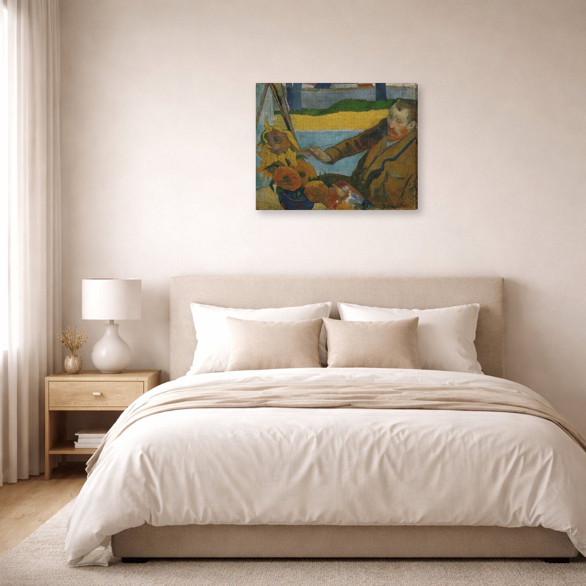 Gallery-wrapped canvas print of Paul Gauguin's The Painter of Sunflowers displayed on a wall in a bedroom