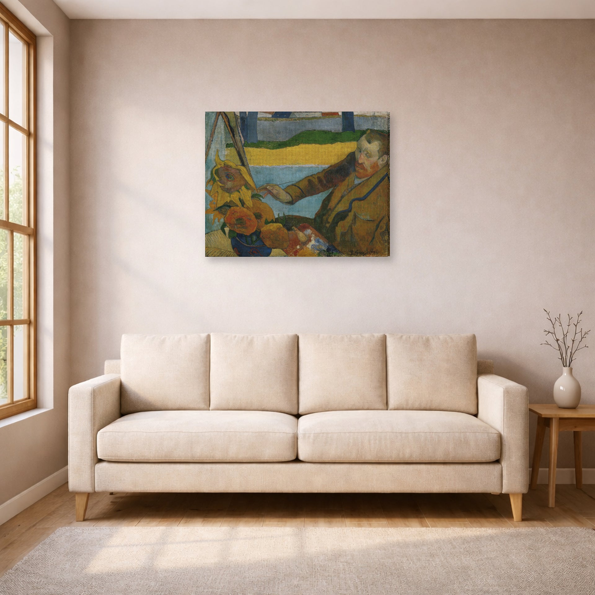 Gallery-wrapped canvas print of Paul Gauguin's The Painter of Sunflowers displayed on a wall in a living room