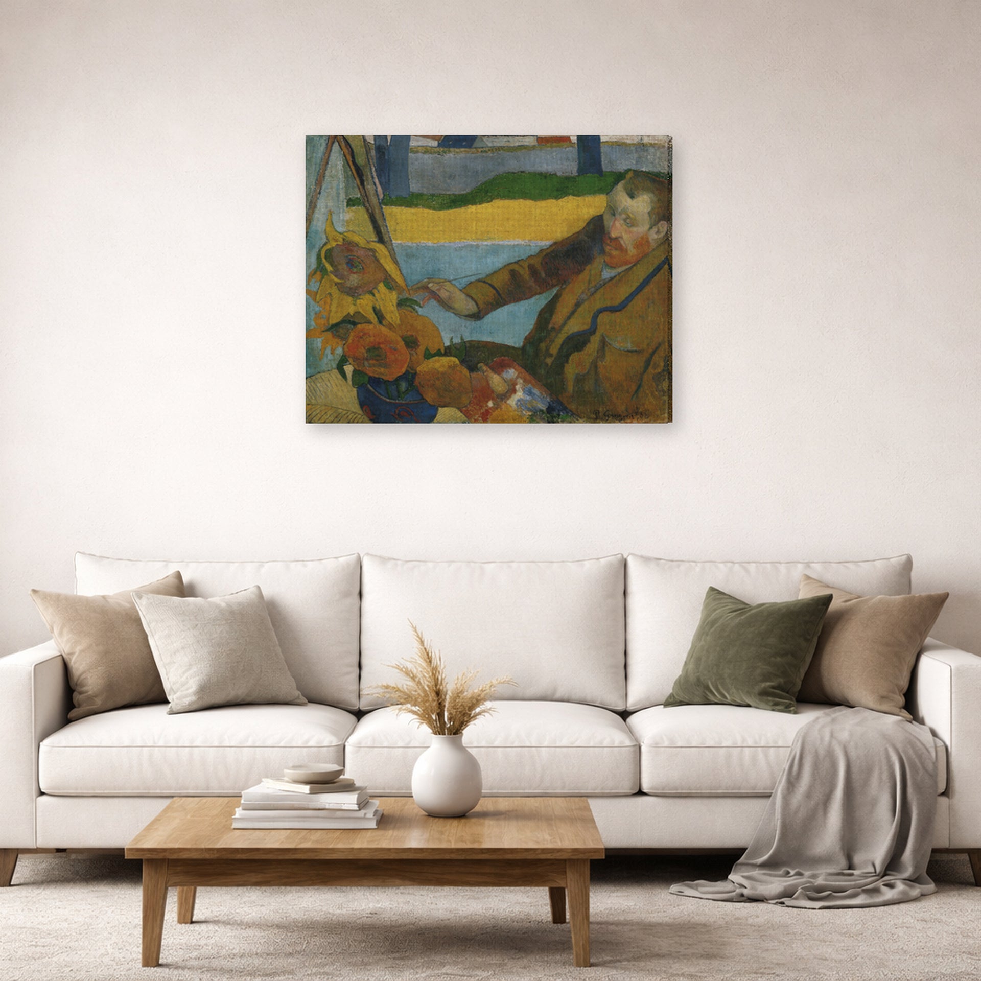 Gallery-wrapped canvas print of Paul Gauguin's The Painter of Sunflowers displayed on a wall in a second living room setting