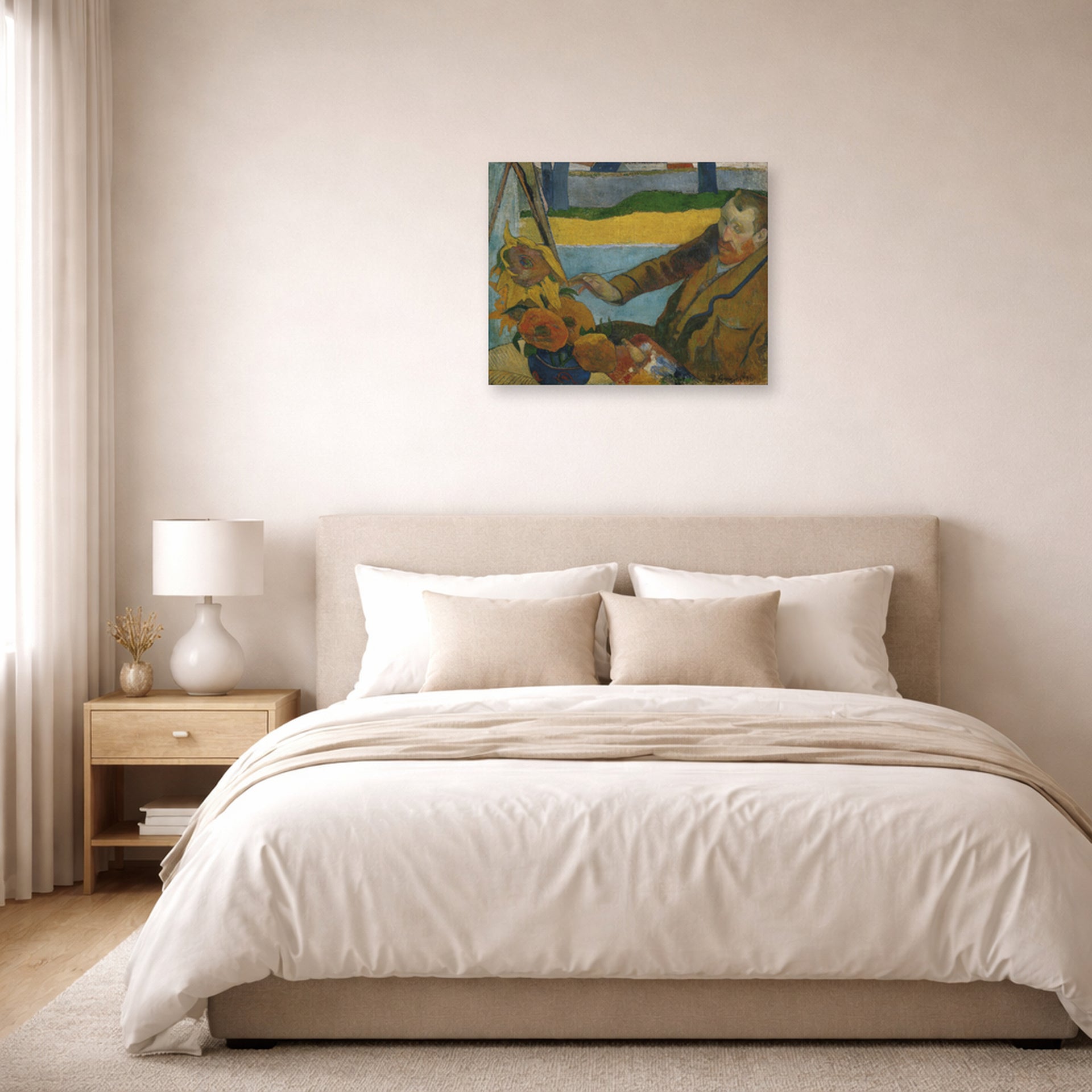 Unframed poster print of Paul Gauguin's The Painter of Sunflowers displayed on a wall in a bedroom