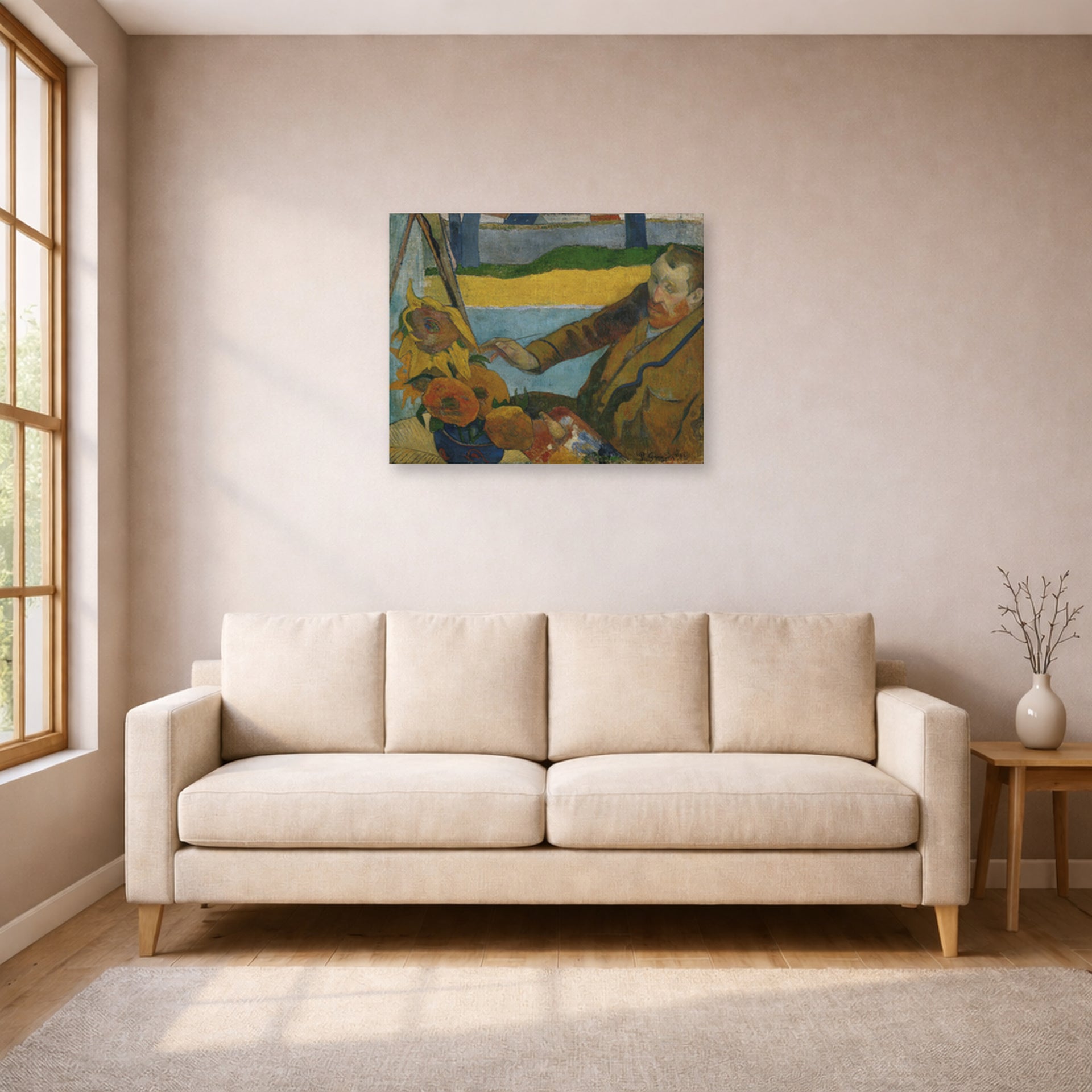 Unframed poster print of Paul Gauguin's The Painter of Sunflowers displayed on a wall in a living room