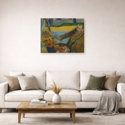 Unframed poster print of Paul Gauguin's The Painter of Sunflowers displayed on a wall in a second living room setting