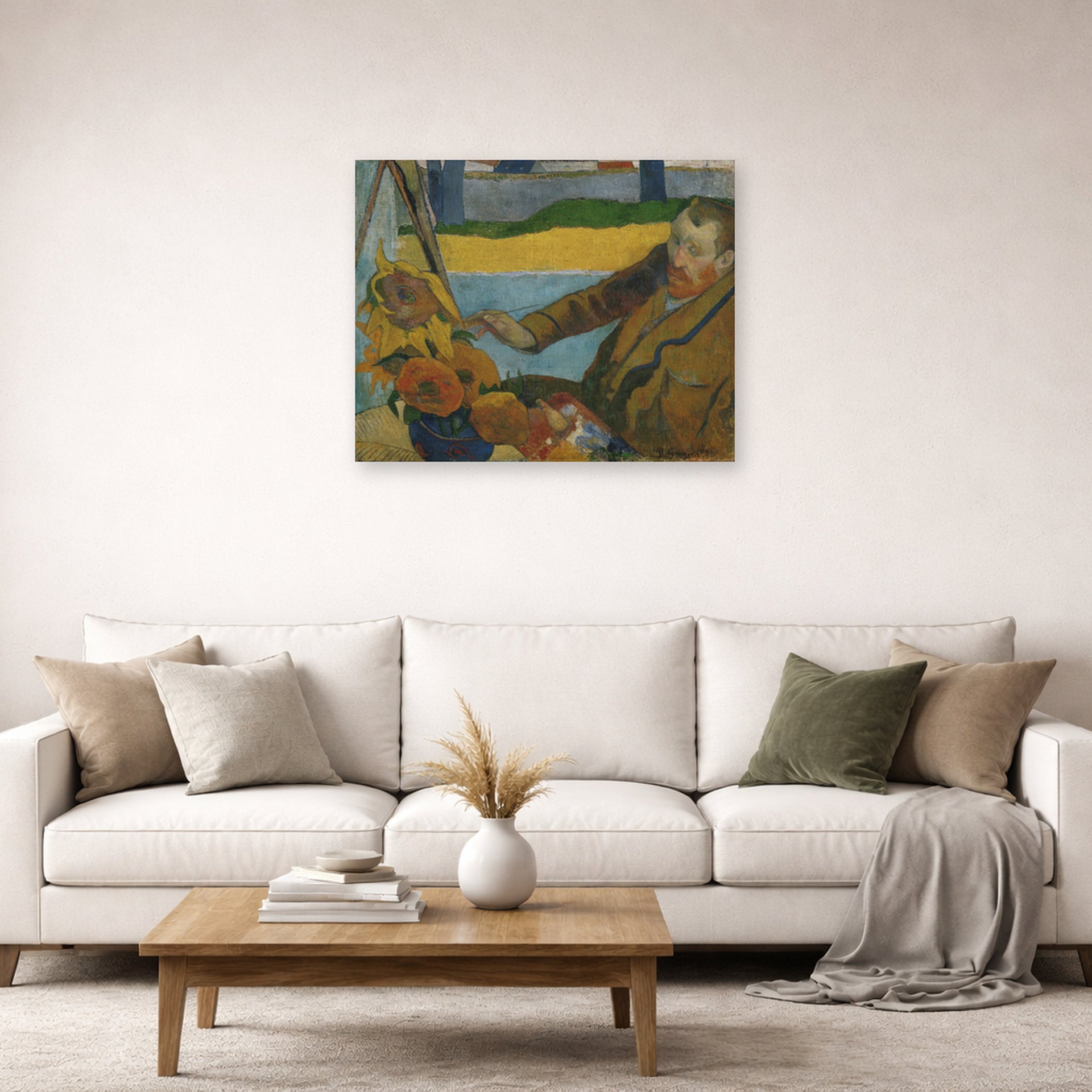Unframed poster print of Paul Gauguin's The Painter of Sunflowers displayed on a wall in a second living room setting