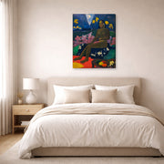 Gallery-wrapped canvas print of Paul Gauguin's The Seed of the Areoi displayed on a wall in a bedroom