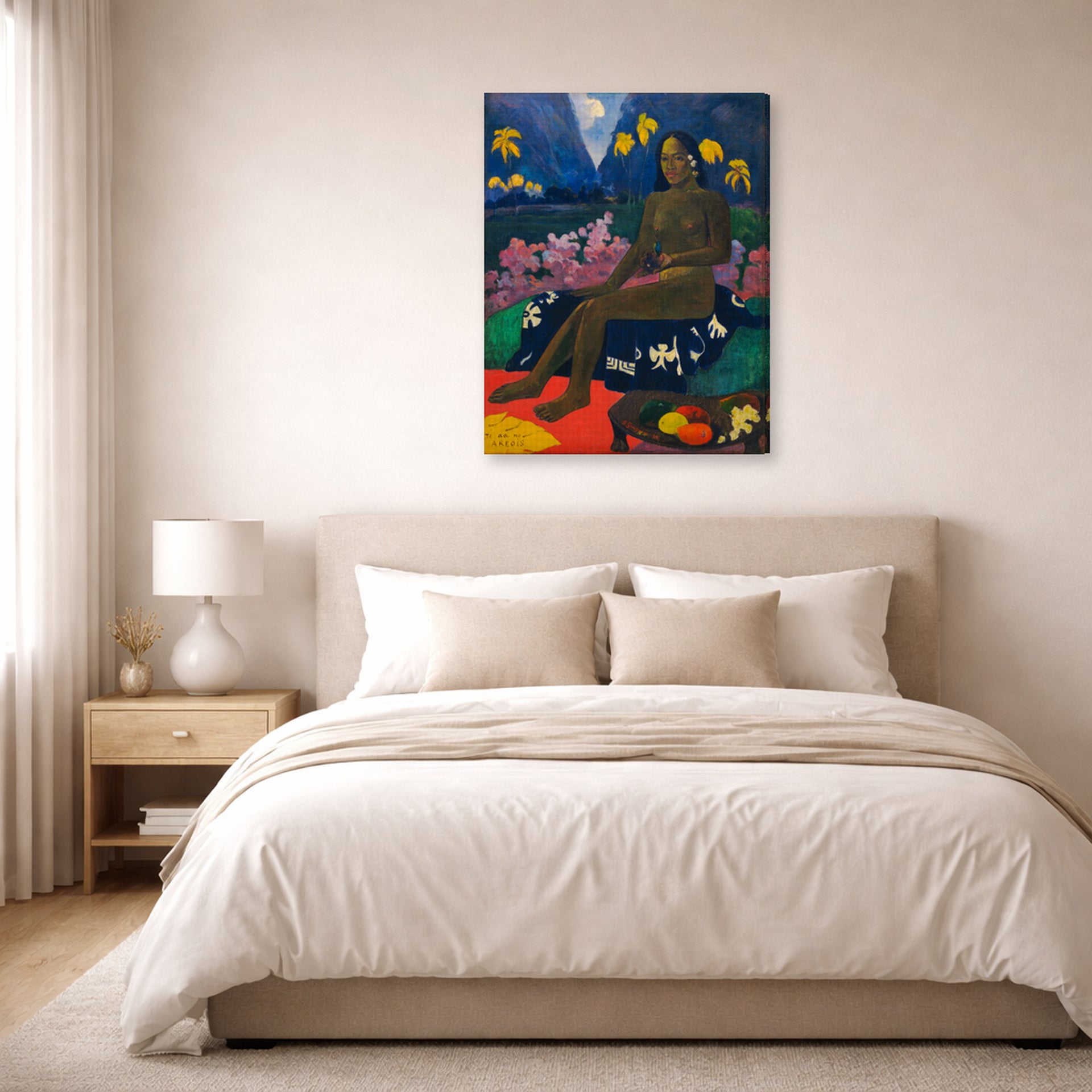 Gallery-wrapped canvas print of Paul Gauguin's The Seed of the Areoi displayed on a wall in a bedroom