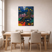 Gallery-wrapped canvas print of Paul Gauguin's The Seed of the Areoi displayed on a wall in a dining room