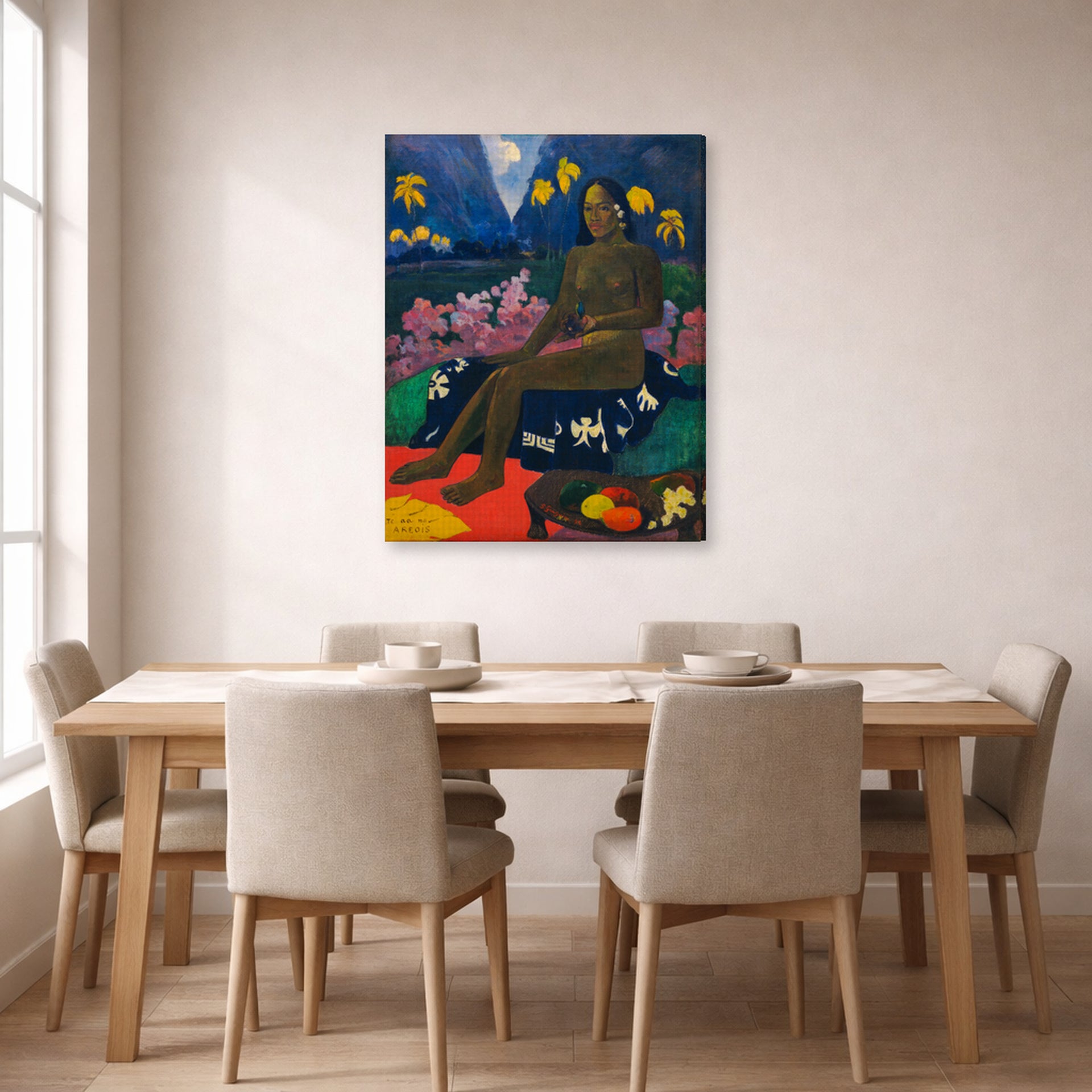 Gallery-wrapped canvas print of Paul Gauguin's The Seed of the Areoi displayed on a wall in a dining room