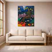 Gallery-wrapped canvas print of Paul Gauguin's The Seed of the Areoi displayed on a wall in a living room