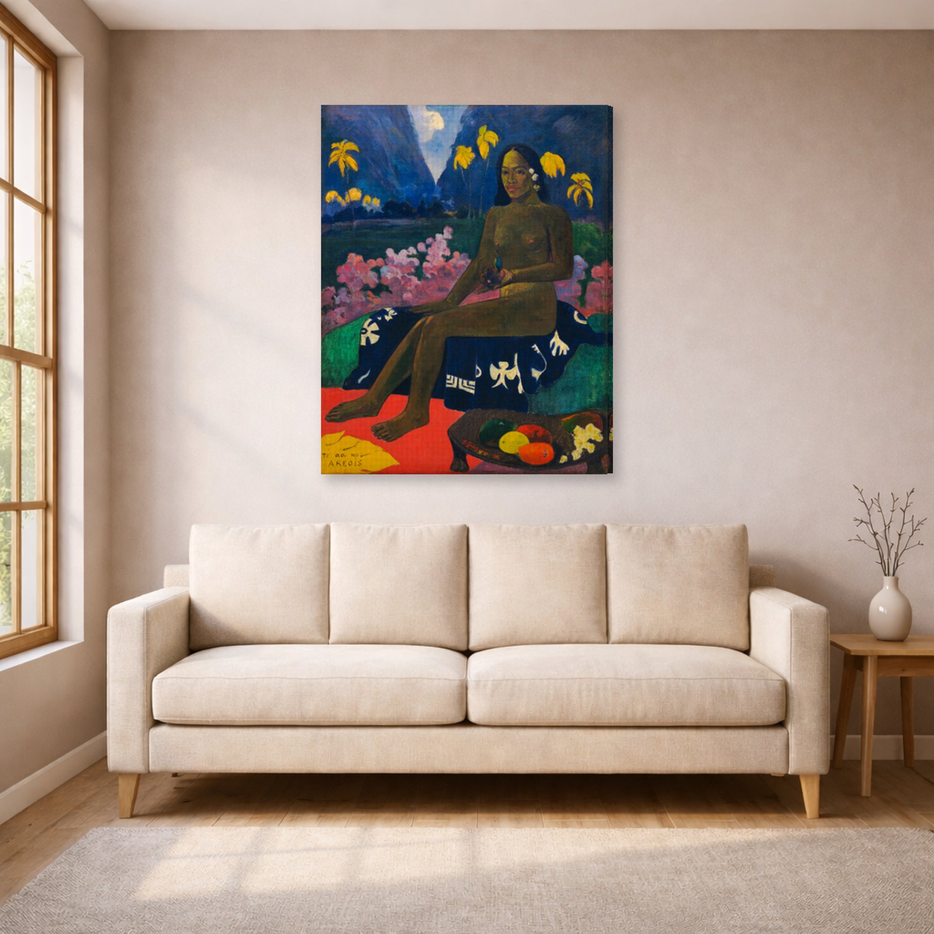 Gallery-wrapped canvas print of Paul Gauguin's The Seed of the Areoi displayed on a wall in a living room