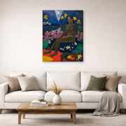 Gallery-wrapped canvas print of Paul Gauguin's The Seed of the Areoi displayed on a wall in a second living room setting