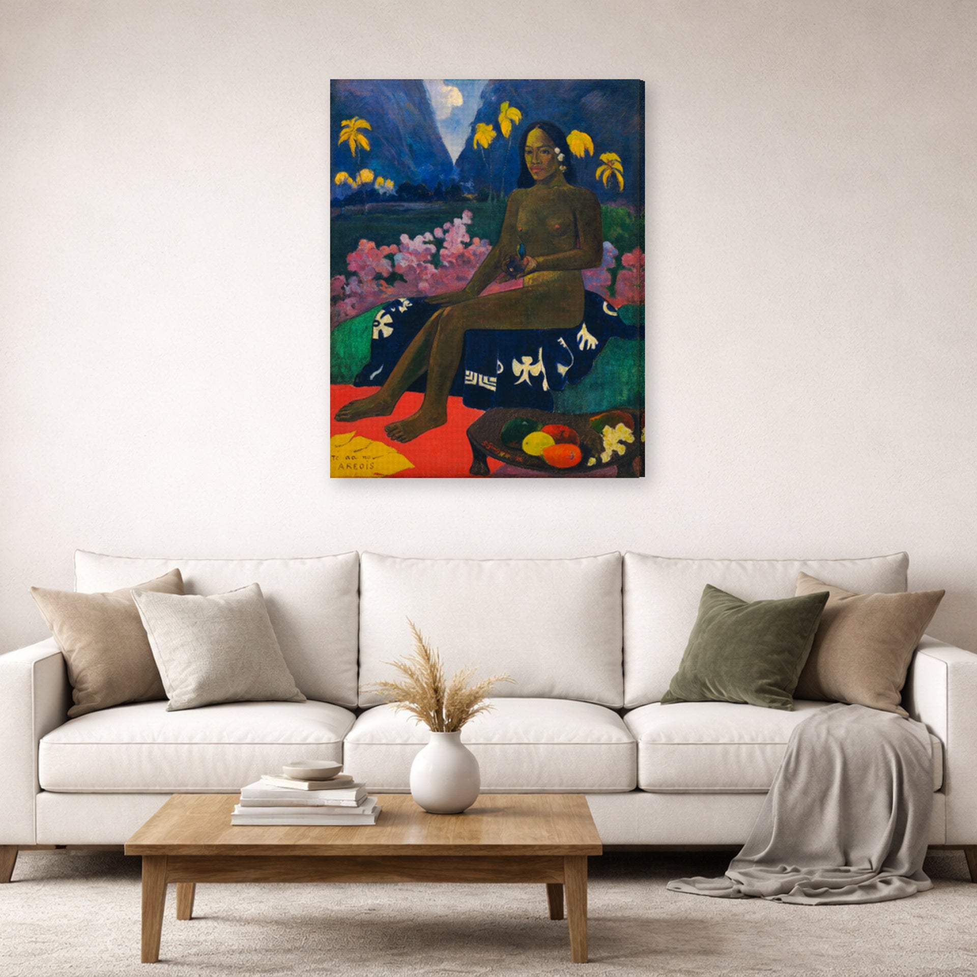 Gallery-wrapped canvas print of Paul Gauguin's The Seed of the Areoi displayed on a wall in a second living room setting