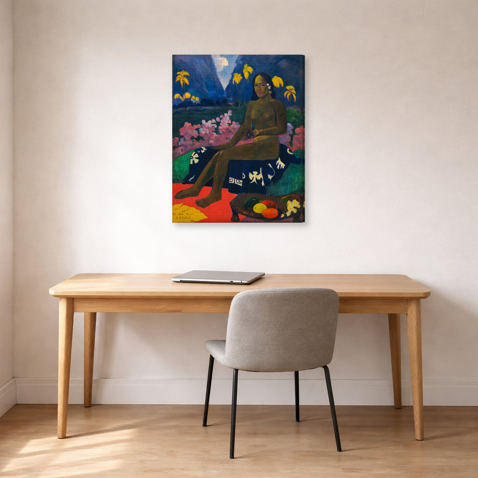 Gallery-wrapped canvas print of Paul Gauguin's The Seed of the Areoi displayed on a wall in an office