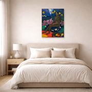 Unframed poster print of Paul Gauguin's The Seed of the Areoi displayed on a wall in a bedroom
