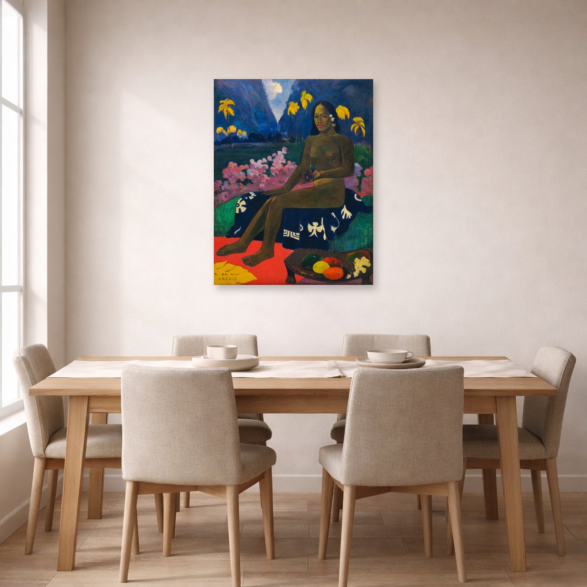 Unframed poster print of Paul Gauguin's The Seed of the Areoi displayed on a wall in a dining room