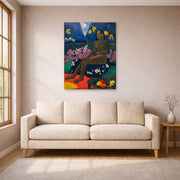 Unframed poster print of Paul Gauguin's The Seed of the Areoi displayed on a wall in a living room