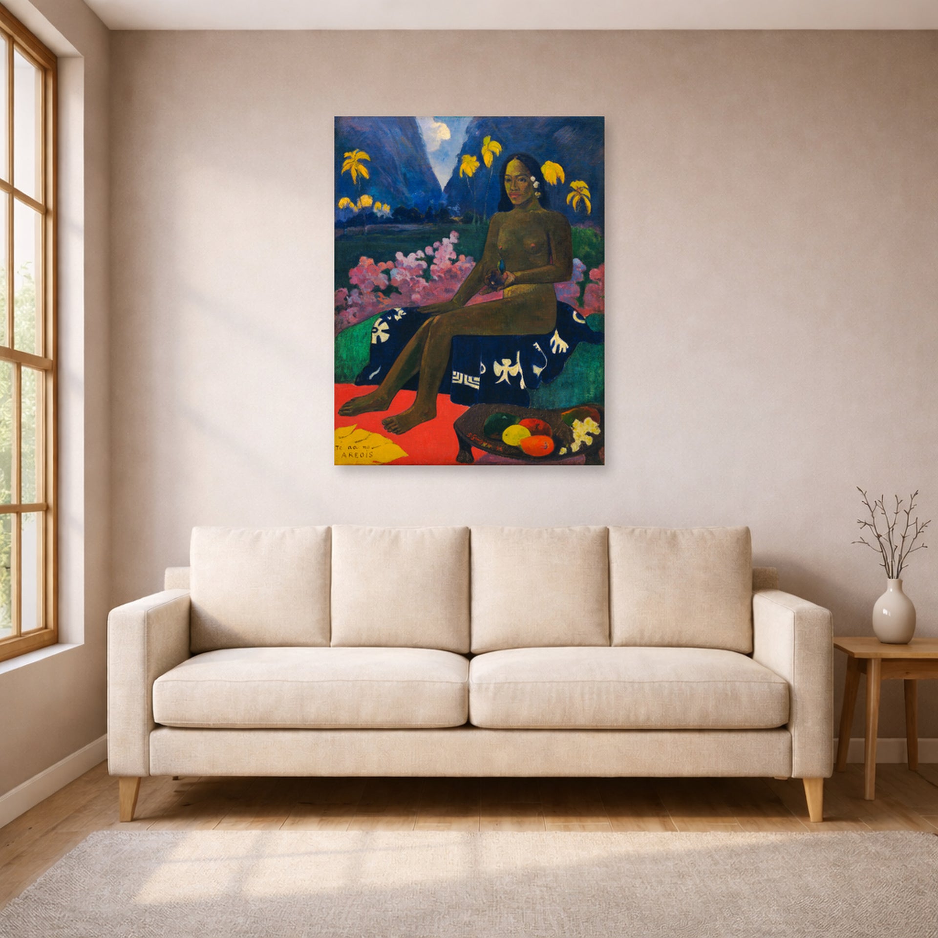 Unframed poster print of Paul Gauguin's The Seed of the Areoi displayed on a wall in a living room