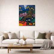 Unframed poster print of Paul Gauguin's The Seed of the Areoi displayed on a wall in a second living room setting