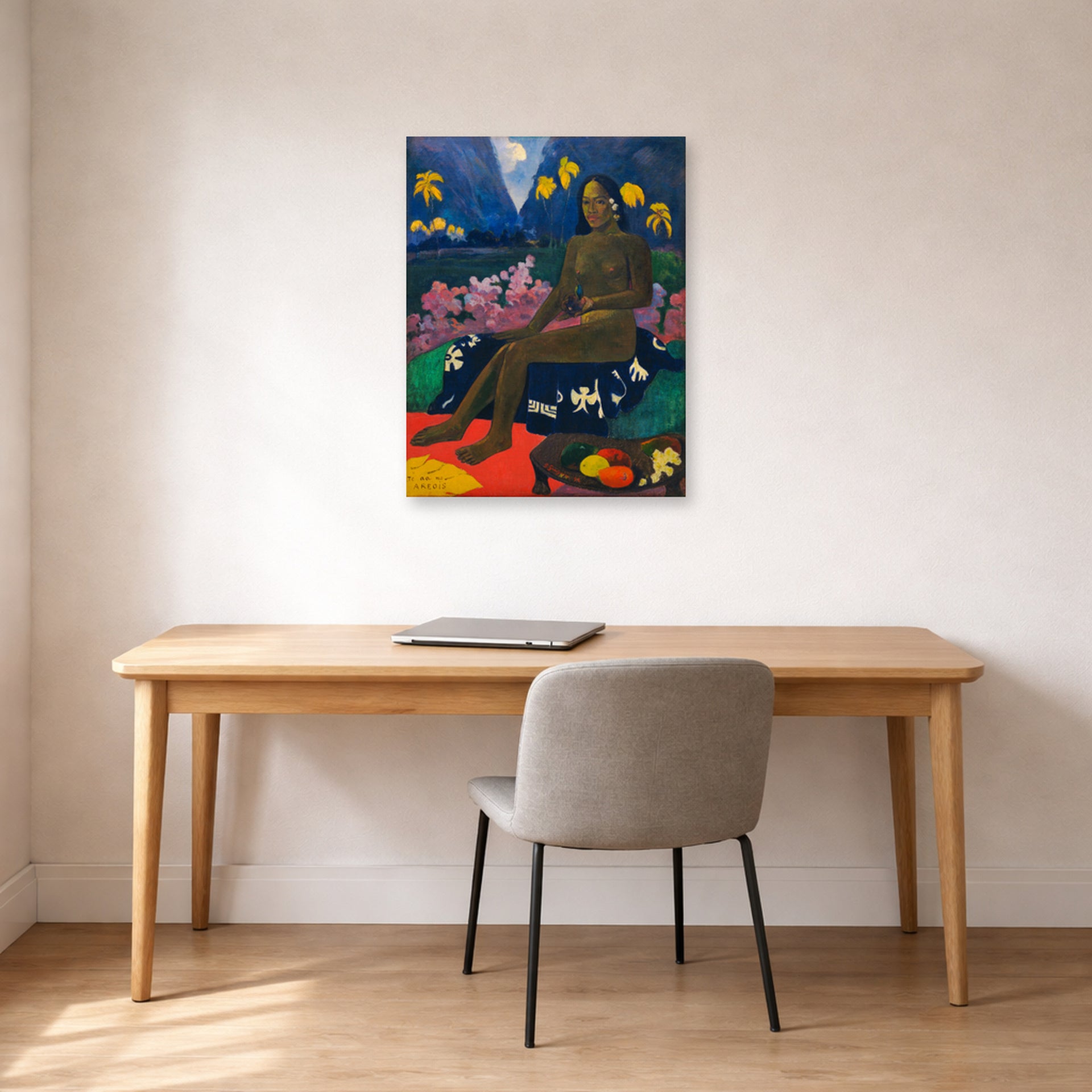 Unframed poster print of Paul Gauguin's The Seed of the Areoi displayed on a wall in an office