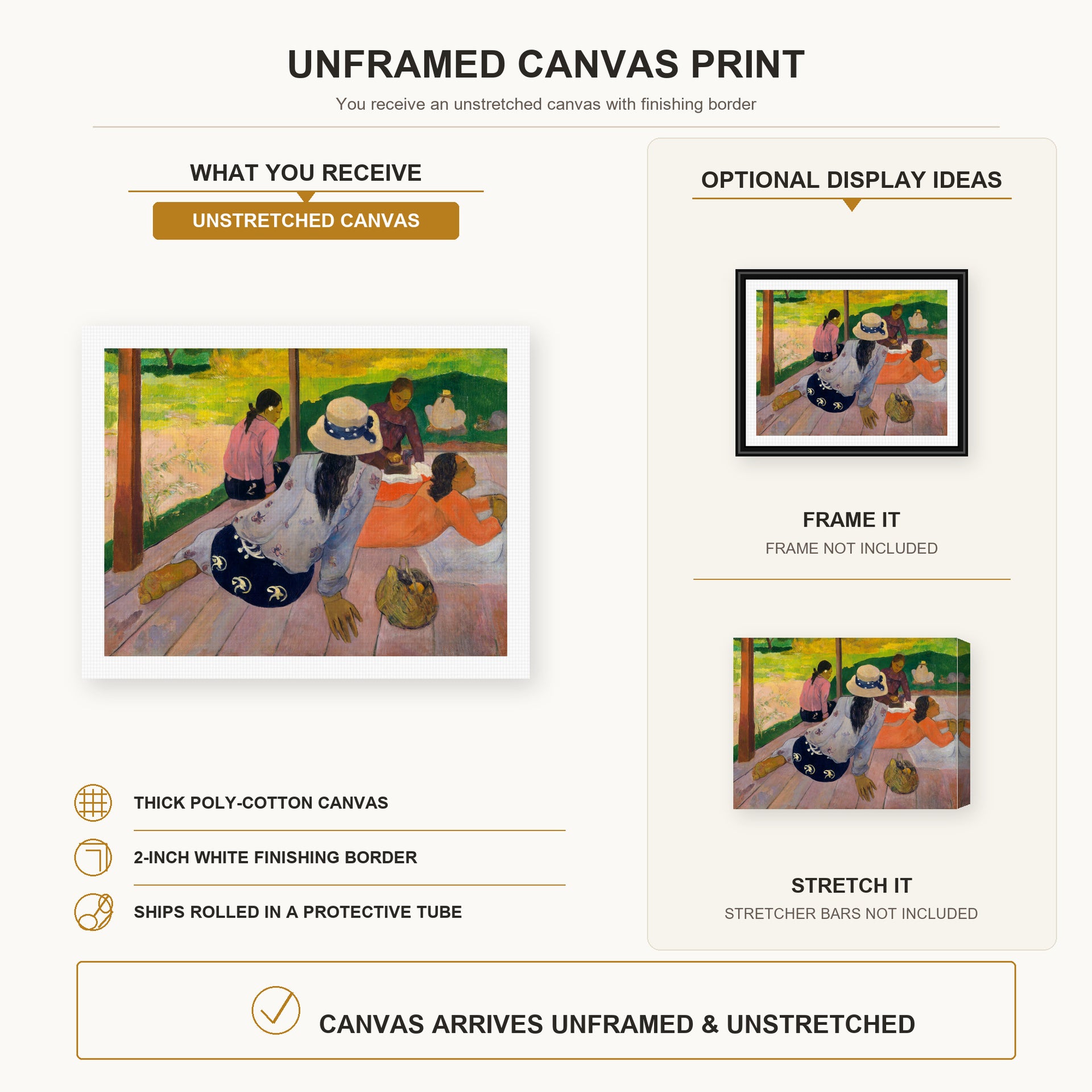 Paul Gauguin - The Siesta canvas print size comparison and framing display infographic