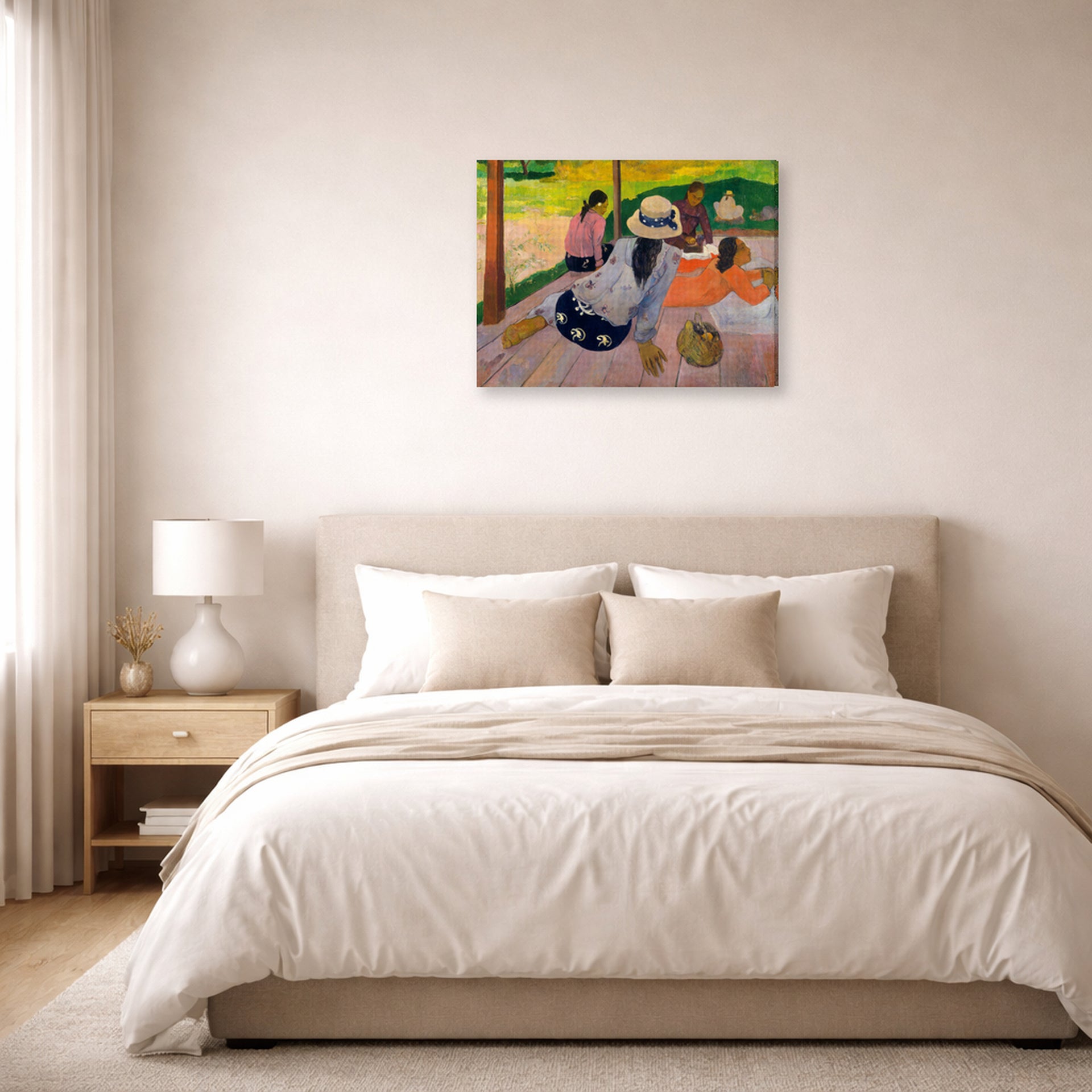 Gallery-wrapped canvas print of Paul Gauguin's The Siesta displayed on a wall in a bedroom
