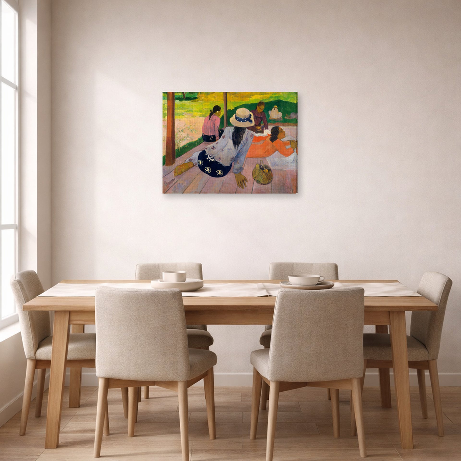 Gallery-wrapped canvas print of Paul Gauguin's The Siesta displayed on a wall in a dining room