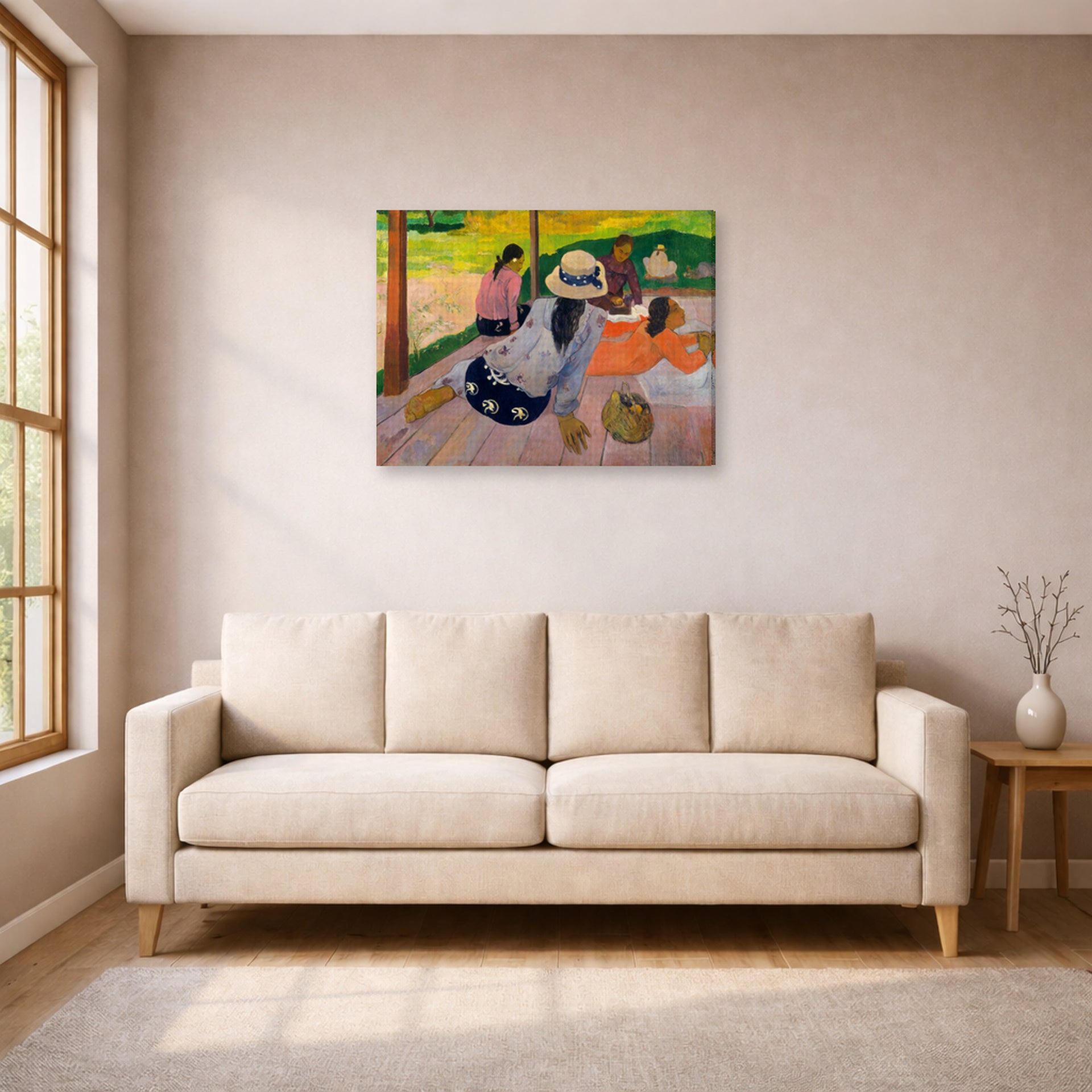Gallery-wrapped canvas print of Paul Gauguin's The Siesta displayed on a wall in a living room