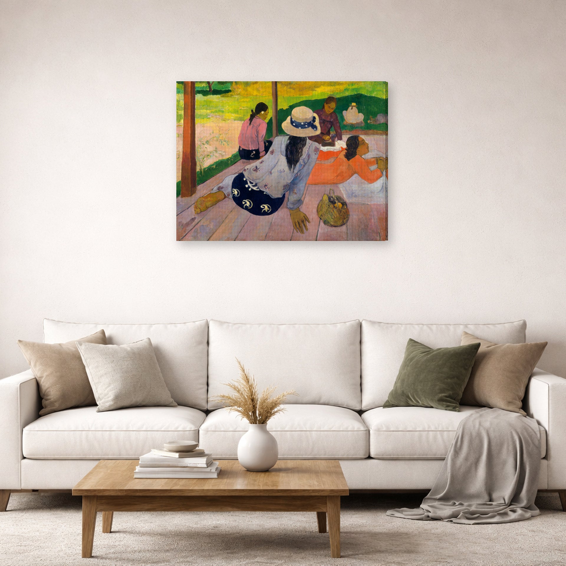Gallery-wrapped canvas print of Paul Gauguin's The Siesta displayed on a wall in a second living room setting