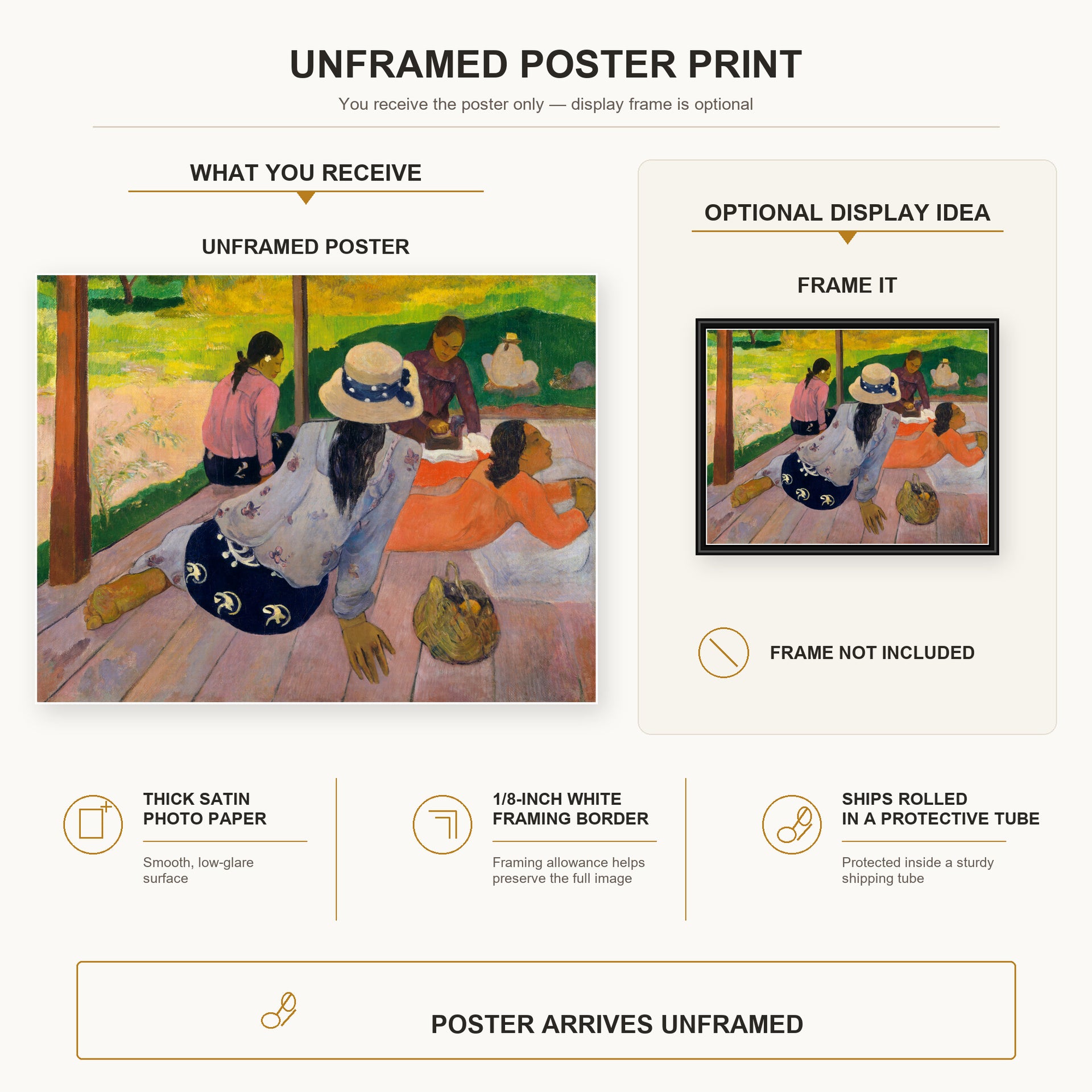 Paul Gauguin - The Siesta poster print size comparison and framing display infographic