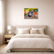 Unframed poster print of Paul Gauguin's The Siesta displayed on a wall in a bedroom