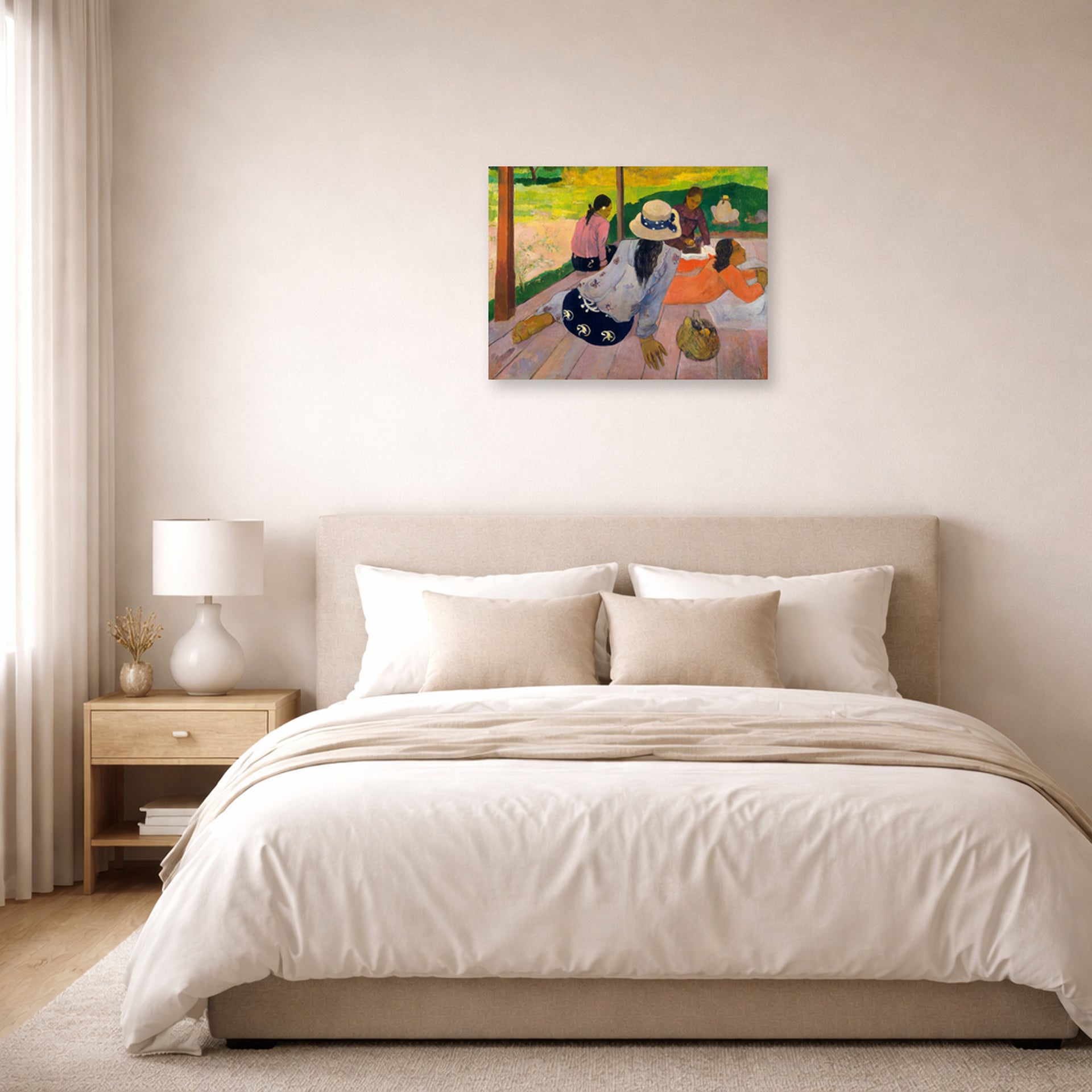 Unframed poster print of Paul Gauguin's The Siesta displayed on a wall in a bedroom