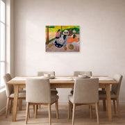 Unframed poster print of Paul Gauguin's The Siesta displayed on a wall in a dining room