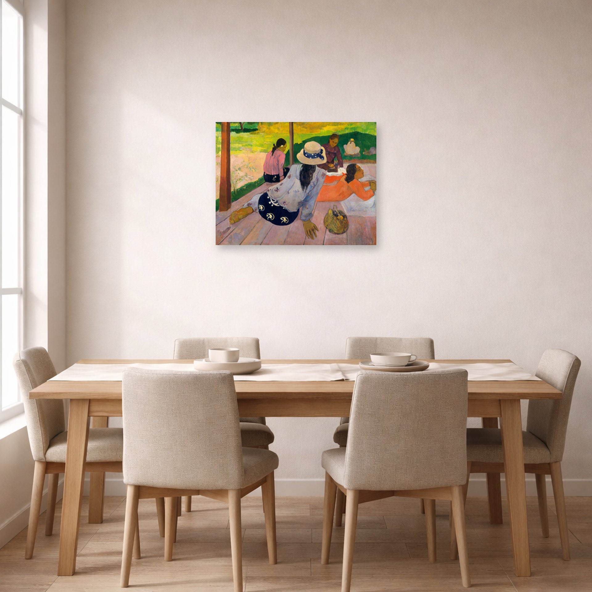 Unframed poster print of Paul Gauguin's The Siesta displayed on a wall in a dining room