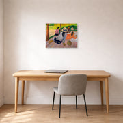 Unframed poster print of Paul Gauguin's The Siesta displayed on a wall in an office