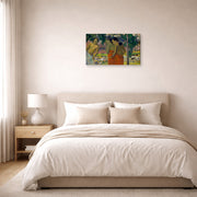 Gallery-wrapped canvas print of Paul Gauguin's Three Tahitian Women displayed on a wall in a bedroom