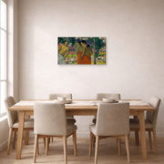 Gallery-wrapped canvas print of Paul Gauguin's Three Tahitian Women displayed on a wall in a dining room