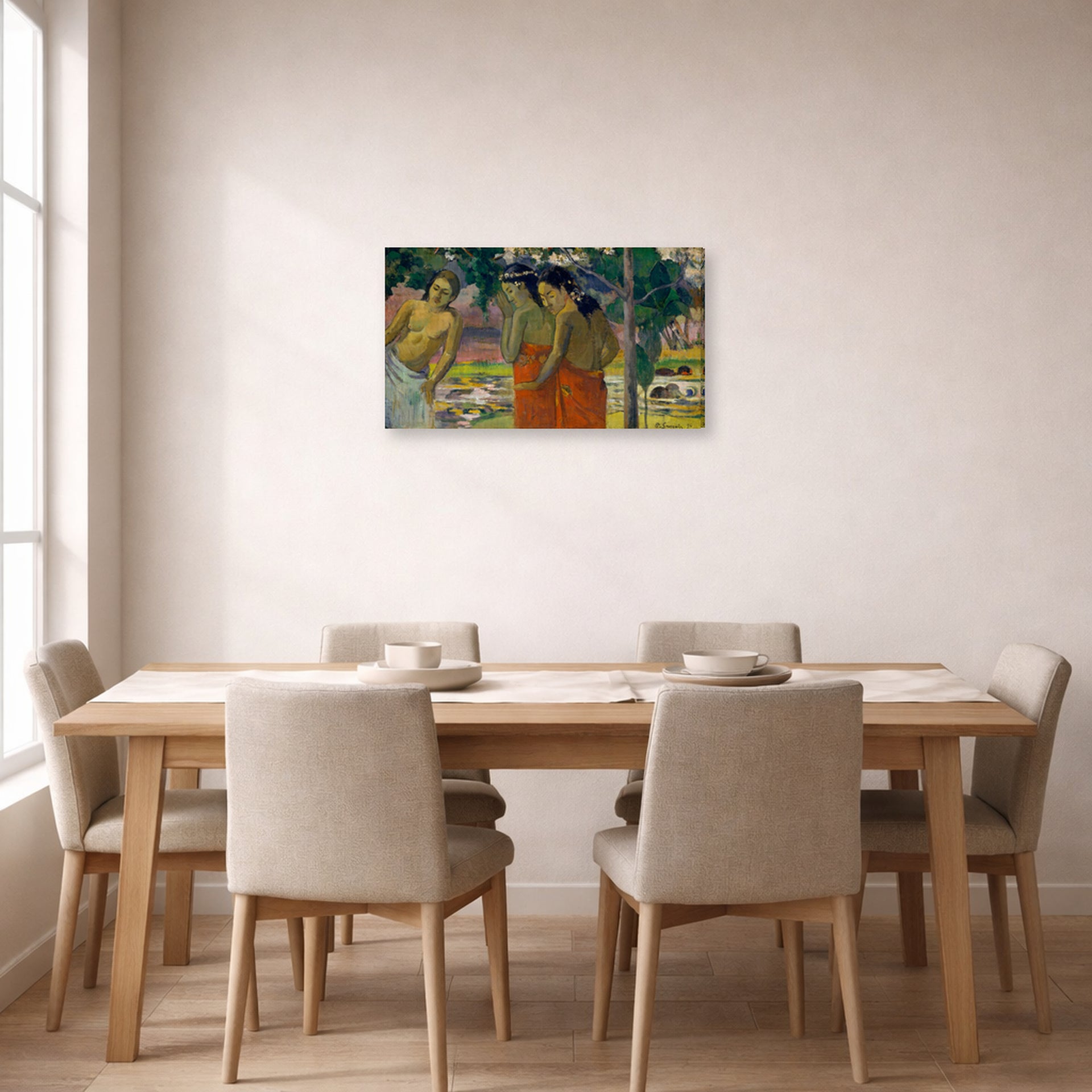 Gallery-wrapped canvas print of Paul Gauguin's Three Tahitian Women displayed on a wall in a dining room