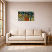 Gallery-wrapped canvas print of Paul Gauguin's Three Tahitian Women displayed on a wall in a living room
