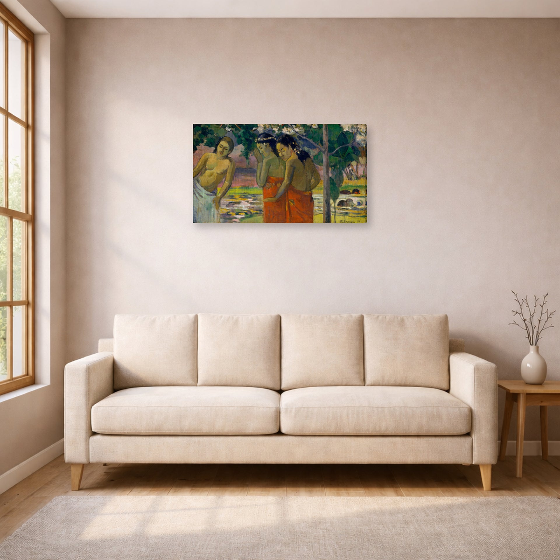 Gallery-wrapped canvas print of Paul Gauguin's Three Tahitian Women displayed on a wall in a living room