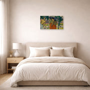 Unframed poster print of Paul Gauguin's Three Tahitian Women displayed on a wall in a bedroom